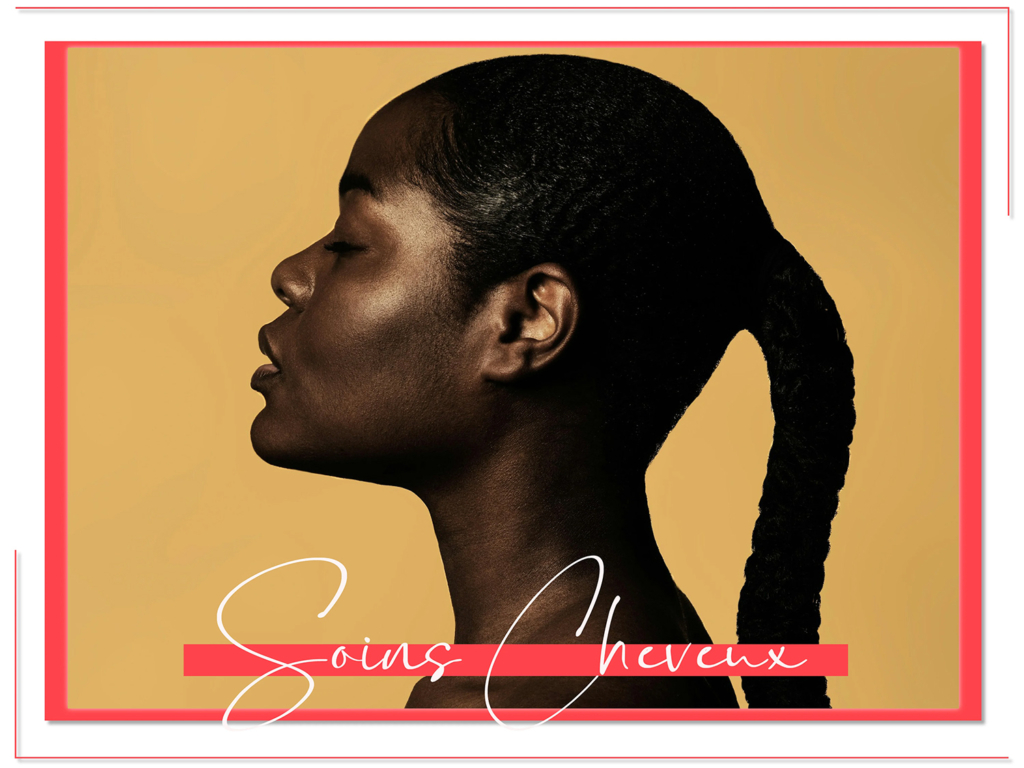 Profil d'une femme avec une queue de cheval tressée sur fond jaune, incarnant l'essence d'Univers Cosmetix. La phrase "Soins Cheveux" en écriture blanche est élégamment superposée en bas avec un soulignement rouge audacieux. Dakar