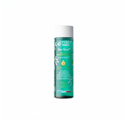 Un flacon au bouchon bleu sarcelle de MKL Huile réparatrice certifiée BIO Aloe Vera Anti Vergitures & Unifiant 75 ml