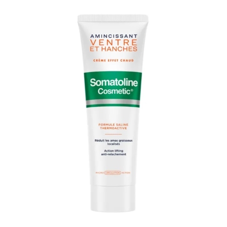 Tube blanc de Somatoline Cosmetic Soin Minceur Ventre Express 150ml, avec texte vert et orange, destiné à l'amincissement du ventre et des hanches. Dakar