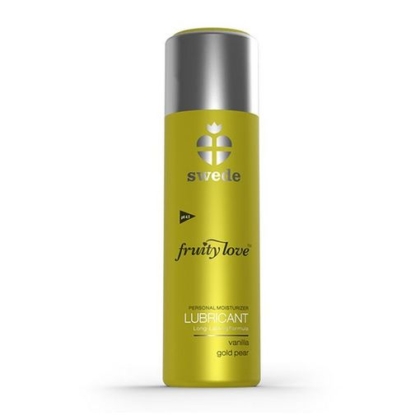 Un flacon jaune de Swede Gel de Massage Chauffant Fruity Love Vanille Et Poire 100 ml, doté d'un bouchon argenté et d'un logo en forme de cœur sur le devant. Dakar