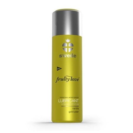 Un flacon jaune de Swede Gel de Massage Chauffant Fruity Love Vanille Et Poire 100 ml, doté d'un bouchon argenté et d'un logo en forme de cœur sur le devant. Dakar