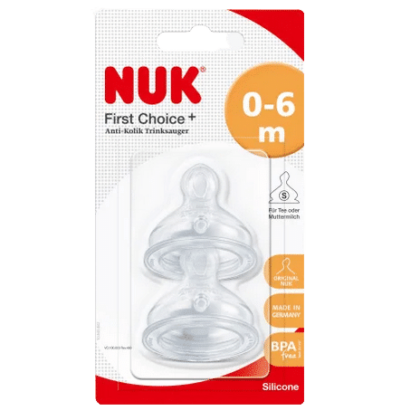 NUK First Choice Plus Tétines Physiologiques en Silicone Aucune Colique 2 pièces (Age 0 à 6 mois)
