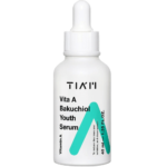 Flacon compte-gouttes blanc étiqueté « Tiam Vita A Bakuchiol Sérum Jeunesse Anti-âge au Collagène Marin 40 ml » avec un design « V » bleu. 40 ml