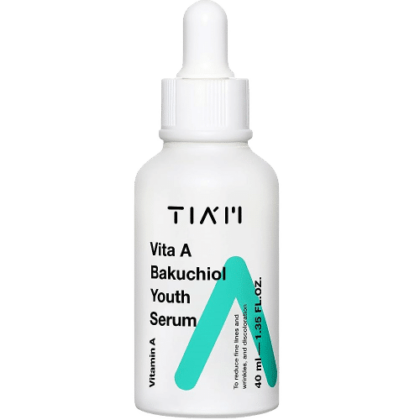 Flacon compte-gouttes blanc étiqueté « Tiam Vita A Bakuchiol Sérum Jeunesse Anti-âge au Collagène Marin 40 ml » avec un design « V » bleu. 40 ml