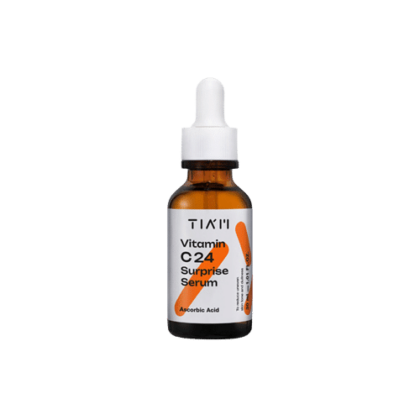Un flacon compte-gouttes marron étiqueté "Tiam Sérum Surprise Vitamine C 24 Pure Eclat et Anti Age 30 ml" sur fond blanc