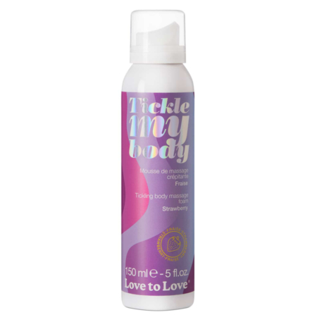 Flacon blanc de "Tickle My Body Mousse de Massage Crépitante Fraise", 150 ml (5 fl. oz.), de Love to Love. Étiquette violette et rose avec texte blanc et or. Dakar