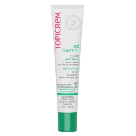 Tube blanc de 40ml de Topicrem AC Soin Matifiant Peaux Mixtes à Grasses à Tendance Acnéique avec texte vert et rose, conçu pour les peaux sensibles, mixtes à grasses à tendance acnéique ; matifie et resserre les pores dilatés. Dakar
