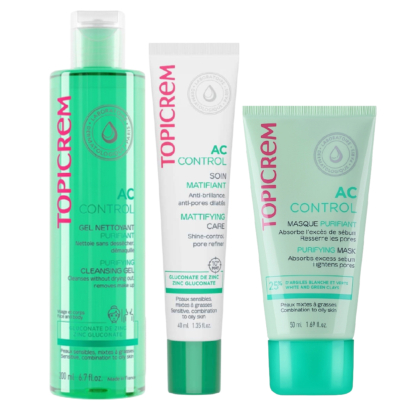 Le Topicrem AC Pack Anti-Brillance, composé de soins matifiants et purifiants pour les brillances, les pores dilatés, l'excès de sébum et les imperfections, est présenté debout dans un emballage vert et blanc avec des touches de rose pour un soin efficace et doux. Dakar