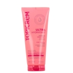 Un tube rose de Topicrem Gommage Exfoliant Ultra Hydratant 3 en 1, 200ml, avec texte blanc et rouge, conçu pour les peaux sensibles à sèches et enrichi de perles de jojoba et de glycérine. Dakar