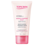 Tube de Topicrem HYDRA+ Masque Hydratant Éclat 50 ml avec bouchon rose sur fond blanc