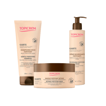 Trois flacons de Topicrem Karité Routine de Soins Hydratant Fortifiant Anti Chute Pour Cheveux Sec et Crépus - Bouclés et Frisés d'Univers Cosmetix