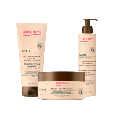 Trois flacons de Topicrem Karité Routine de Soins Hydratant Fortifiant Anti Chute Pour Cheveux Sec et Crépus - Bouclés et Frisés d'Univers Cosmetix