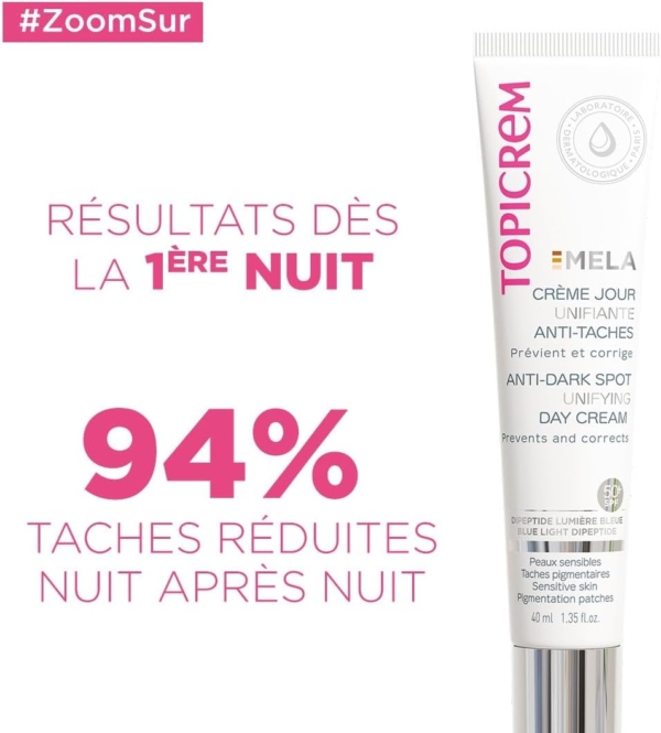 Un tube de Topicrem MELA Crème Correctrice Jour SPF50 40 ml est présenté avec un texte en français soulignant que 94% des taches brunes sont réduites nuit après nuit, avec des résultats visibles dès la première nuit. Dakar