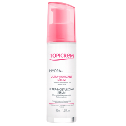 Un flacon de Sérum Ultra-Hydratant Topicrem HYDRA+ 30 ml avec un bouchon pompe rose et une étiquette détaillant les informations sur le produit