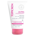 Le tube de 50 ml de Topicrem Crème Mains Ultra-Hydratante présente un corps blanc, un bouchon rose et un texte rose-gris. L'étiquette met en avant la glycérine et l'allantoïne pour le soin des mains très sèches ou abîmées. Dakar