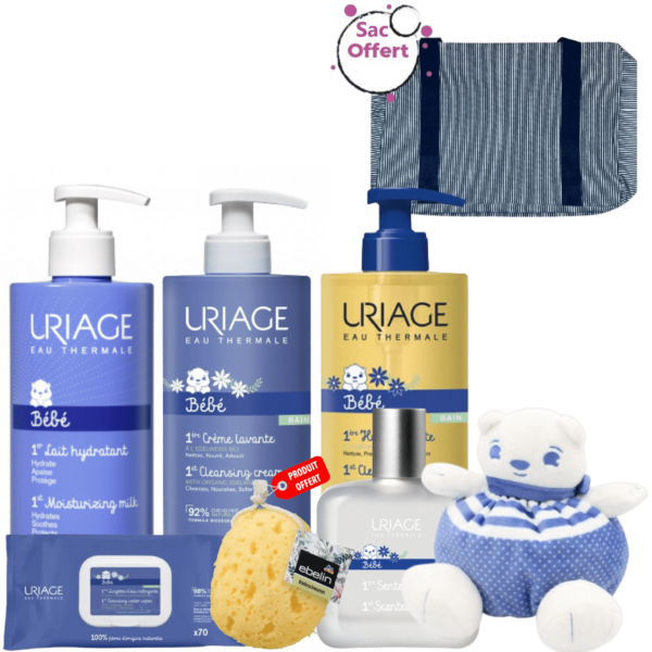 Uriage Coffret Kit Complet Soins Bébé + Éponge Bain + Sac + Doudou OFFERT