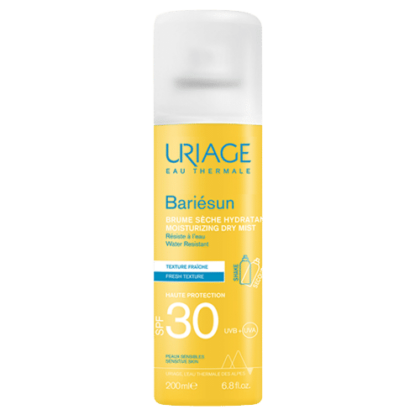 Un flacon jaune et blanc d'Uriage Bariésun Brume Sèche Ultra Légère Peaux Sensibles SPF30+