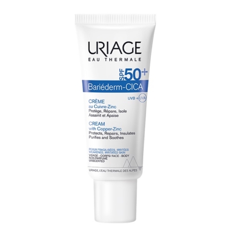 Tube blanc de 40 ml d'Uriage Bariéderm Cica Crème au Cuivre Zinc SPF 50+ avec texte bleu et noir, reconnu pour ses effets protecteurs, réparateurs et apaisants sur les peaux fragiles et irritées. Dakar