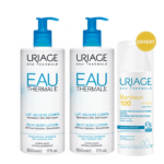 Le Coffret Duo Eau Thermale Lait Velouté Corps exclusif URIAGE comprend deux flacons de 500 ml de Lait Soyeux Corps Uriage et un fluide Uriage Bariésun SPF 100 offert