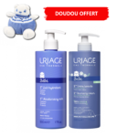 Deux flacons d'Uriage Coffret Kit Mes Premiers Soins Bébé + DOUDOU OFFERT à côté d'un ours en peluche bleu et blanc