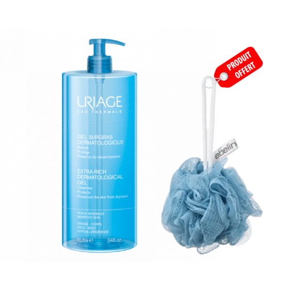 Pack Soin du Corps Et Bain Pour Peau Sensible Uriage Gel Douche Surgras 1l + Ebelin Éponge De Massage Peeling OFFERT
