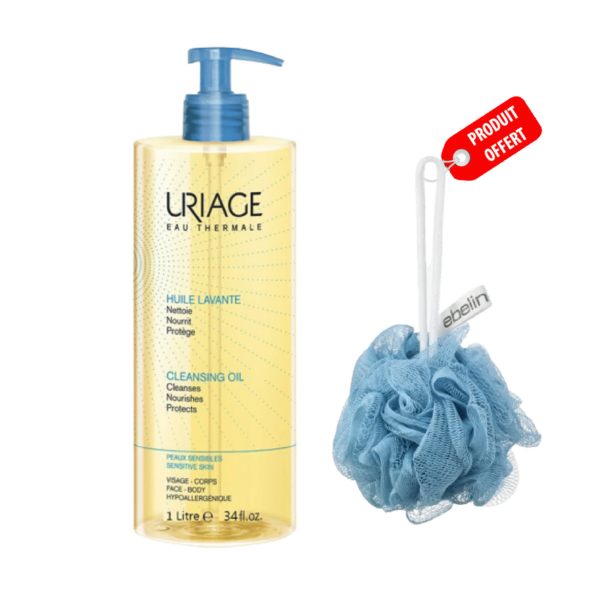 Pack Soin du Corps Et Bain Pour Peau Sensible Uriage Huile Lavante 1L + Ebelin Éponge De Massage Peeling OFFERT