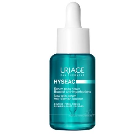 Un flacon sarcelle d'Uriage HYSEAC Sérum Peau Neuve Peaux Grasses à Imperfections 40ml avec un bouchon compte-gouttes blanc, avec un texte blanc et bleu décrivant sa formule anti-imperfections pour les peaux grasses à imperfections. Dakar