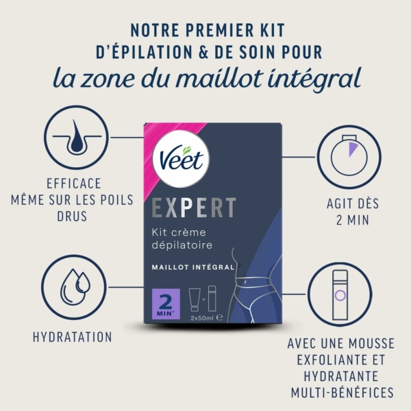 Veet Crème Dépilatoire Poils Tenaces Maillot Intégral Avec Mousse Exfoliante 2x50ml – Image 2