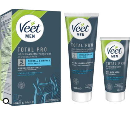 Veet MEN Kit d’Épilation Zones Intime Homme Crème Dépilatoire Intime 100 ml + Baume de Soin 50 ml Peaux Sensibles
