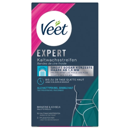 L'image montre le devant d'une boîte Veet Pure Bandes de Cire Froide Bikini et Aisselles, avec du texte allemand, des illustrations de jambes lisses et des détails sur son efficacité sur les cheveux courts et sa formule douce pour les peaux sensibles. Dakar