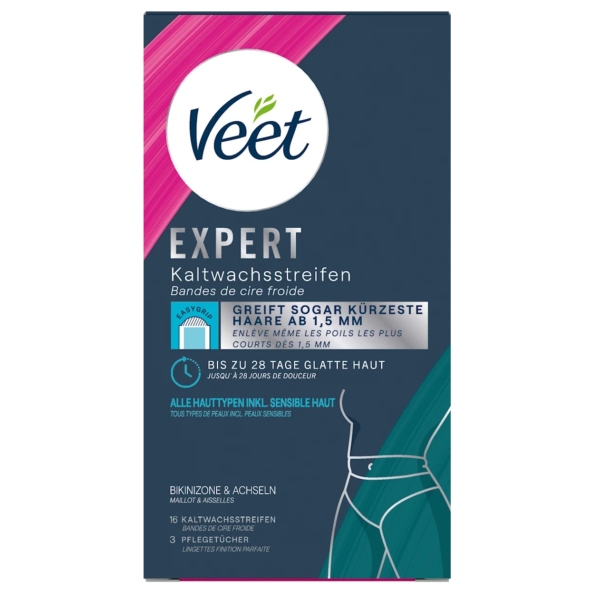 L'image montre le devant d'une boîte Veet Pure Bandes de Cire Froide Bikini et Aisselles, avec du texte allemand, des illustrations de jambes lisses et des détails sur son efficacité sur les cheveux courts et sa formule douce pour les peaux sensibles. Dakar