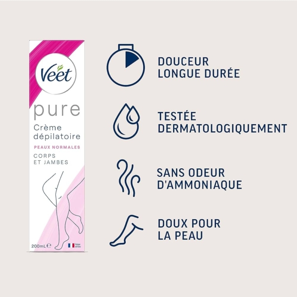 Veet Minima Crème Dépilatoire Peaux Normales 200 ml présente des icônes et un texte en français sur la boîte, soulignant la douceur durable, la formule testée dermatologiquement, l'odeur sans ammoniaque et le soin doux pour les peaux normales du corps et des jambes. Dakar