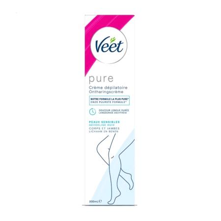 Vue frontale d'une boîte de Veet Minima Crème Dépilatoire Peaux Sensibles 200 ml, avec des accents bleus et roses, un graphique de jambe stylisé, et des informations sur le produit en français et en néerlandais. Conçue pour les soins des peaux sensibles. Dakar