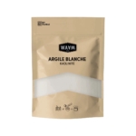 Un sachet beige refermable étiqueté "Waam Argile Blanche Kaolinite Adoucissant Detoxifiant Absorbant 150 g" affiche des icônes de recyclabilité et d'utilisation, avec une fenêtre transparente montrant l'argile blanche à l'intérieur. Dakar