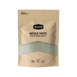 Un sachet refermable beige étiqueté "Waam Argile Verte Montmorillonite Purifiant Réparateur Astringent 250 g" montre de la poudre d'argile verte à travers une fenêtre transparente, avec des icônes en dessous illustrant les étapes de mélange, d'application et de lavage pour une utilisation polyvalente. Dakar