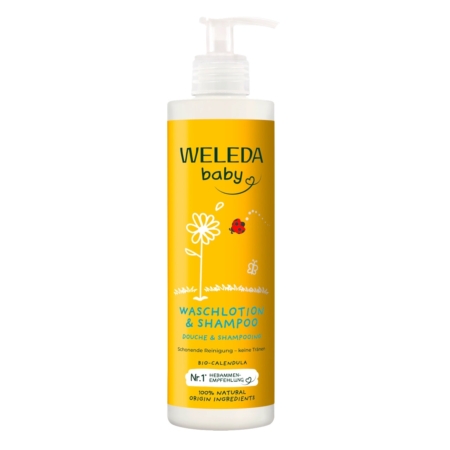 Un flacon jaune de 400 ml de Weleda 2 en 1 Lotion Lavante Corps et Shampoing pour Bébé avec une pompe, comportant un texte blanc et bleu, une illustration de fleur blanche et une coccinelle rouge sur l'étiquette. Dakar