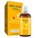 Un flacon en verre brun et une boîte jaune de l'huile de massage Weleda Baby Bauchlein, avec un texte en allemand et un motif floral. Comme le shampooing Nivea Kids 2en1 Shower Shampoo senteur de pomme 250 ML, elle est douce - 100% naturelle - pour un massage abdominal apaisant. Dakar