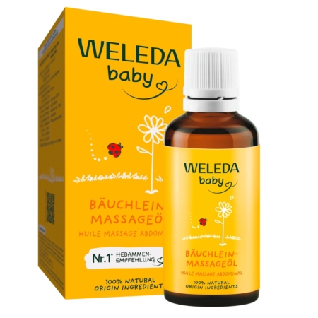 Un flacon en verre brun et une boîte jaune de l'huile de massage Weleda Baby Bauchlein, avec un texte en allemand et un motif floral. Comme le shampooing Nivea Kids 2en1 Shower Shampoo senteur de pomme 250 ML, elle est douce - 100% naturelle - pour un massage abdominal apaisant. Dakar