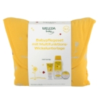 Coffret Weleda Cadeau Soins Bébé Cadeau Parfait pour les Futurs Parents 3 Pièces avec texte en allemand, contenant un soin, une petite boîte, un flacon et un tapis multifonctionnel, le tout dans un tapis jaune plié. Dakar