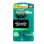Le WILKINSON Rasoir Jetable Xtreme3 Sensitive pour hommes 8 pièces offre 3 lames, « 6+2 gratuites », une conception flexible, jusqu'à 88 rasages et utilise des matériaux recyclés, le tout dans un emballage vert et noir pour un rasage écologique. Dakar