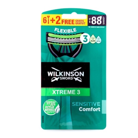 Le WILKINSON Rasoir Jetable Xtreme3 Sensitive pour hommes 8 pièces offre 3 lames, « 6+2 gratuites », une conception flexible, jusqu'à 88 rasages et utilise des matériaux recyclés, le tout dans un emballage vert et noir pour un rasage écologique. Dakar