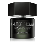 Flacon noir Yves Saint Laurent La Nuit de L'Homme Le Parfum Eau de Parfum pour homme de 60 ml au bouchon hexagonal sur fond blanc