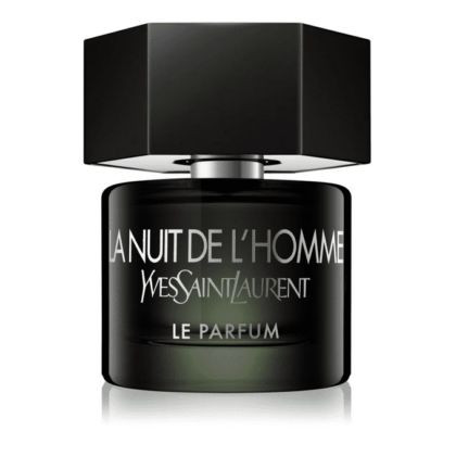 Flacon noir Yves Saint Laurent La Nuit de L'Homme Le Parfum Eau de Parfum pour homme de 60 ml au bouchon hexagonal sur fond blanc