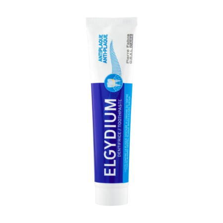 Un tube de Dentifrice Antiplaque ELGYDIUM 100 ml, arborant un design bleu et blanc qui souligne ses avantages anti-plaque, est positionné sur un fond uni. Dakar