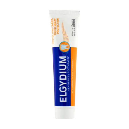 Tube de dentifrice ELGYDIUM Protection Caries 75 ml avec bouchon blanc. L'emballage est principalement bleu avec des touches d'orange et comporte du texte en français et en anglais. Dakar
