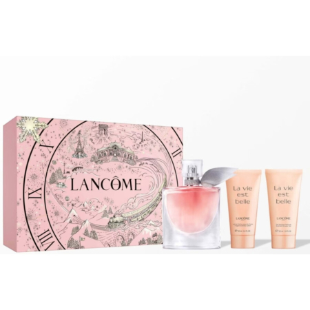 Le coffret Lancome Coffret La Vie Est Belle est composé d'une boîte rose illustrée, d'un flacon de parfum transparent avec un liquide rose et un bouchon argenté, et de deux tubes pêche étiquetés "La Vie Est Belle". Dakar