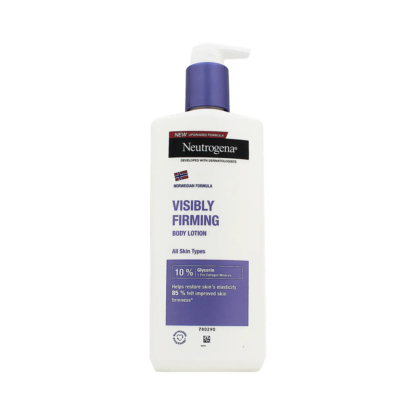 Flacon de 400 ml de Neutrogena Nutrition Lait Corporel Nourrissant ET Raffermissant avec pompe. Flacon blanc avec étiquette et bouchon violets. Adapté à tous les types de peau, il nourrit et aide à restaurer l'élasticité de la peau. Dakar