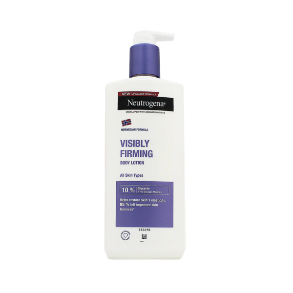 Flacon de 400 ml de Neutrogena Nutrition Lait Corporel Nourrissant ET Raffermissant avec pompe. Flacon blanc avec étiquette et bouchon violets. Adapté à tous les types de peau, il nourrit et aide à restaurer l'élasticité de la peau. Dakar