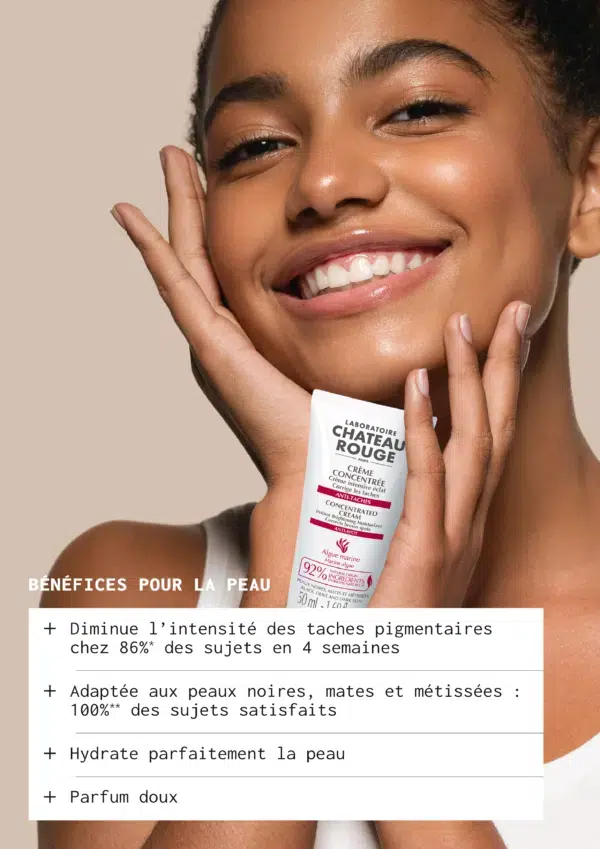 Une femme sourit en tenant un produit de soin pour la peau étiqueté « Laboratoire Château Rouge » avec des bienfaits pour la peau indiqués en français. Le texte comprend des allégations sur la réduction des taches pigmentaires, l'adéquation à différents types de peau et d'autres avantages. Dakar
