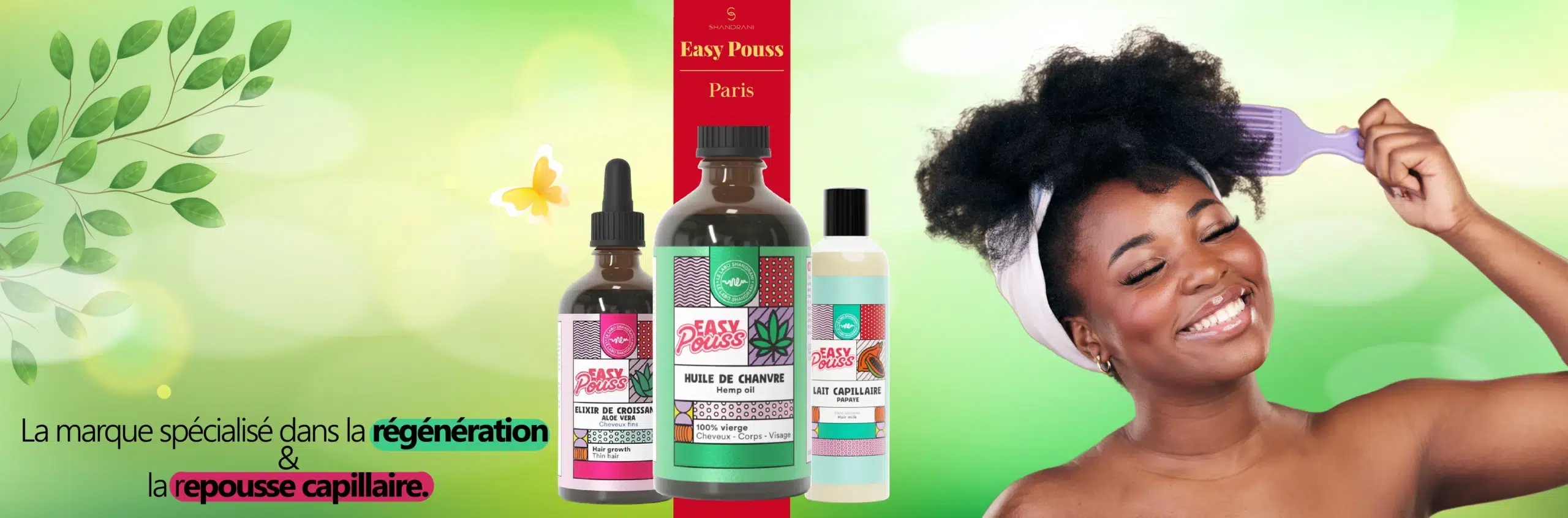 Une personne sourit tout en se peignant les cheveux avec un pic violet sur fond vert. Trois produits Univers Cosmetix sont exposés : sérum, huile et shampoing. Un texte en français souligne l'importance accordée par la marque à la régénération et à la croissance des cheveux. Un papillon jaune vole à proximité. Dakar